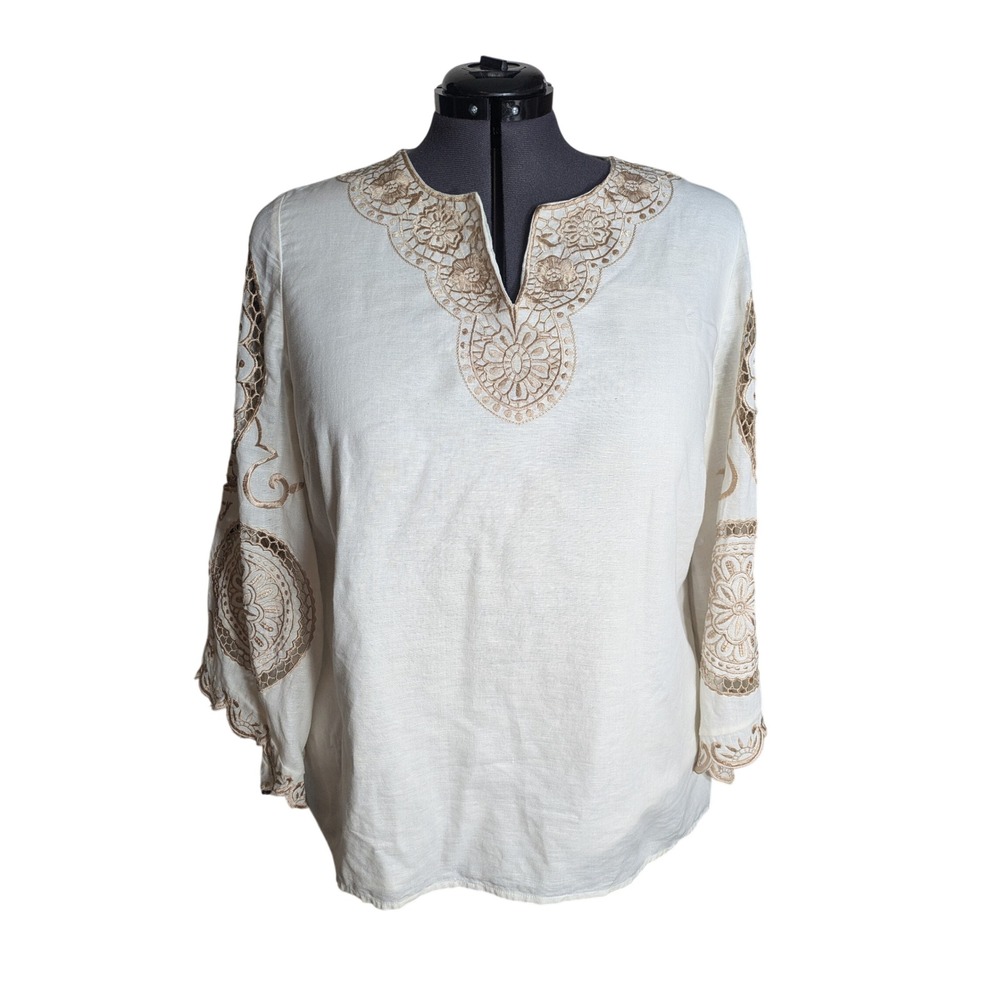 Boho Linen Cotton Blouse Gold Embroidery Bell Sleeve Chicos 3 16/18